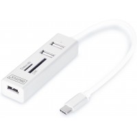 DIGITUS Hub USB 2.0 Type C 3 Ports avec Lecteur de Cartes, 1 Port MicroSD Blanc