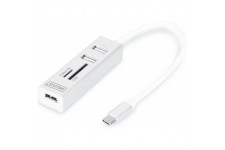 DIGITUS Hub USB 2.0 Type C 3 Ports avec Lecteur de Cartes, 1 Port MicroSD Blanc