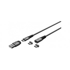 2en1 Câble Textile USB Magnétique (Gris Sidéral/Argent), 1 mcâble de charge magnétique extra-robuste avec adaptateurs pour appar