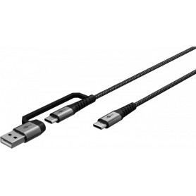 2en1 Câble Textile USB, Gris Sidéral/Argent, 3 mcâble de charge USB-C™ extra-robuste avec adaptateur pour appareils USB-A