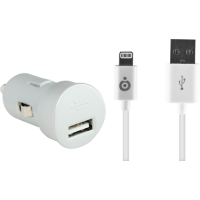 Mini chargeur allume-cigare blanc USB 2A avec câble USB/Connectique Lightning